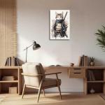 ANCROUTERY Japanese Wall Art Samurai Cat Canvas Prints Cat Warrior Pictures Japanese Anime Painting Japan Themed Poster for Living Room Bedroom Decor Framed (White, (18L x 12W))