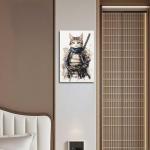 ANCROUTERY Japanese Wall Art Samurai Cat Canvas Prints Cat Warrior Pictures Japanese Anime Painting Japan Themed Poster for Living Room Bedroom Decor Framed (White, (18L x 12W))