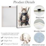 ANCROUTERY Japanese Wall Art Samurai Cat Canvas Prints Cat Warrior Pictures Japanese Anime Painting Japan Themed Poster for Living Room Bedroom Decor Framed (White, (18L x 12W))