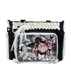 Lace itabag ruffle Shoulder Purse， Pin display bag with Insert Anime badge Display (black)