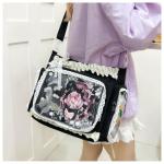 Lace itabag ruffle Shoulder Purse， Pin display bag with Insert Anime badge Display (black)