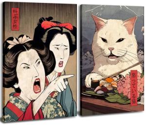 Funny Anime Posters Japanese Decor Set of 2 - Woman Yelling at Cat Canvas Wall Art, Vintage Anime Cat Wall Decor for Living Room, Corridor, Kitchen Home Decor - 16x24 in Framed