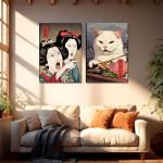 Funny Anime Posters Japanese Decor Set of 2 - Woman Yelling at Cat Canvas Wall Art, Vintage Anime Cat Wall Decor for Living Room, Corridor, Kitchen Home Decor - 16x24 in Framed