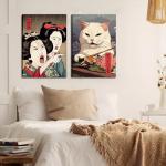 Funny Anime Posters Japanese Decor Set of 2 - Woman Yelling at Cat Canvas Wall Art, Vintage Anime Cat Wall Decor for Living Room, Corridor, Kitchen Home Decor - 16x24 in Framed