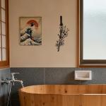 Japanese Wall Art - Samurai Decor with Katana and Cherry Blossom Design, Metal Asian Wall Art for Anime Room Decor and Japanese Themed Interior Design (15.7x6Inch)