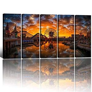 Disney Wall Art for Living Room Vintage Sunset Castle Park Picture Bedroom Wall Decor Ferris Wheel Skyline Panoramic Painting Canvas Prints Anime Posters Modern Artworks Office Decorations 12x32" 5P