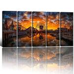Disney Wall Art for Living Room Vintage Sunset Castle Park Picture Bedroom Wall Decor Ferris Wheel Skyline Panoramic Painting Canvas Prints Anime Posters Modern Artworks Office Decorations 12x32" 5P