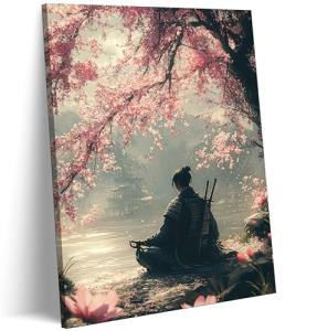 Japanese Sakura Samurai Canvas Wall Art Traditional Bushido Wall Decor Picture Asian Japanese style Cherry Blossoms Warrior Poster Print for Living Room Bedroom 12x16in Ready To Hang