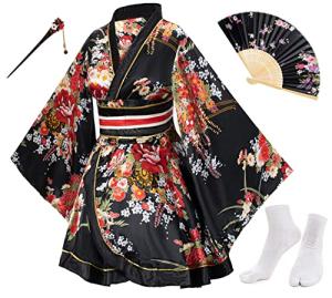 Japanese Anime Women's Dance Kimono Robe Fancy Dress Yukata Silk Folding Fans Tabi Hairstick Socks Set Black Small