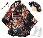 Japanese Anime Women's Dance Kimono Robe Fancy Dress Yukata Silk Folding Fans Tabi Hairstick Socks Set Black Small