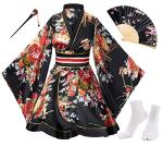 Japanese Anime Women's Dance Kimono Robe Fancy Dress Yukata Silk Folding Fans Tabi Hairstick Socks Set Black Small