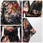 Japanese Anime Women's Dance Kimono Robe Fancy Dress Yukata Silk Folding Fans Tabi Hairstick Socks Set Black Small
