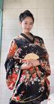Japanese Anime Women's Dance Kimono Robe Fancy Dress Yukata Silk Folding Fans Tabi Hairstick Socks Set Black Small