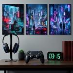 Deergar Cyberpunk Anime Wall Art Canvas Prints 3 Pieces Tokyo Neon Night Cityscape Anime Posters Modern Japanese Street Landscape Painting for Gaming Room Decor, Boys Bedroom, Man Cave
