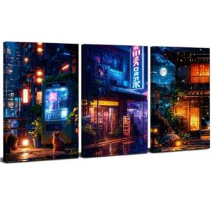 Japanese Night City Wall Art Cyberpunk Anime Posters for Boys Room Decor Abstract Colorful Neon Light Pictures Canvas Prints Paintings Cool Posters Street Pop Artwork Home Decorations 12x16” 3 Pieces