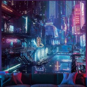 Anime Punk City Wall Tapestry for Bedroom, Japanese Futuristic Neon Night Street Cyberpunk Tapestries Aesthetic, Futurism Skyscraper Backdrop for Living Gaming Room Dorm Decor 51in X 60in
