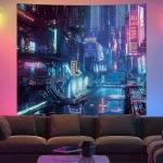 Anime Punk City Wall Tapestry for Bedroom, Japanese Futuristic Neon Night Street Cyberpunk Tapestries Aesthetic, Futurism Skyscraper Backdrop for Living Gaming Room Dorm Decor 51in X 60in