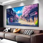 Japan Manga Street Canvas Wall Art, Cherry Blossom Anime Canvas Print, Mount Fuji Wall Art, Pink Cherry Tree Decor, Japanese Landscape Poster, Home Decor, Manga Gifts (Black Framed, 31"x15" | 80x40cm)