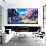 Japan Manga Street Canvas Wall Art, Cherry Blossom Anime Canvas Print, Mount Fuji Wall Art, Pink Cherry Tree Decor, Japanese Landscape Poster, Home Decor, Manga Gifts (Black Framed, 31"x15" | 80x40cm)