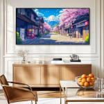 Japan Manga Street Canvas Wall Art, Cherry Blossom Anime Canvas Print, Mount Fuji Wall Art, Pink Cherry Tree Decor, Japanese Landscape Poster, Home Decor, Manga Gifts (Black Framed, 31"x15" | 80x40cm)