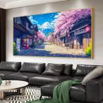 Japan Manga Street Canvas Wall Art, Cherry Blossom Anime Canvas Print, Mount Fuji Wall Art, Pink Cherry Tree Decor, Japanese Landscape Poster, Home Decor, Manga Gifts (Black Framed, 31"x15" | 80x40cm)