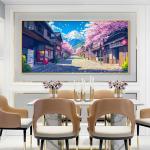 Japan Manga Street Canvas Wall Art, Cherry Blossom Anime Canvas Print, Mount Fuji Wall Art, Pink Cherry Tree Decor, Japanese Landscape Poster, Home Decor, Manga Gifts (Black Framed, 31"x15" | 80x40cm)