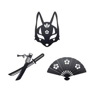 Metal Cherry Blossom Design Kitsune Mask Samurai Katana Sword Fan Wall Art Decorations Anime Wall Decor for Home Bedroom Living Room(Matte Black, 3Pcs)