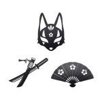 Metal Cherry Blossom Design Kitsune Mask Samurai Katana Sword Fan Wall Art Decorations Anime Wall Decor for Home Bedroom Living Room(Matte Black, 3Pcs)