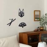 Metal Cherry Blossom Design Kitsune Mask Samurai Katana Sword Fan Wall Art Decorations Anime Wall Decor for Home Bedroom Living Room(Matte Black, 3Pcs)