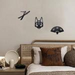 Metal Cherry Blossom Design Kitsune Mask Samurai Katana Sword Fan Wall Art Decorations Anime Wall Decor for Home Bedroom Living Room(Matte Black, 3Pcs)