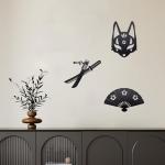 Metal Cherry Blossom Design Kitsune Mask Samurai Katana Sword Fan Wall Art Decorations Anime Wall Decor for Home Bedroom Living Room(Matte Black, 3Pcs)