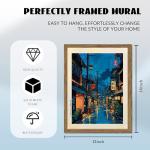 Framed Japanese Wall Art, Asian Tokyo Tea House Canvas Wall Decor Painting, Cool Japanese Night Posters Prints Pictures for Bedroom Living Room Bathroom Home Decor 12x16 Inch