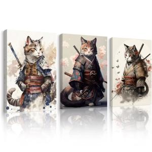 Japanese Cat Wall Art Poster Samurai Cat Canvas Wall Decor Japanese Anime Painting Asian Wall Art Funny Prints Black Cat Pictures Vintage Artwork for Living Room Bedroom 16x24x3 Inch Ready to Hang