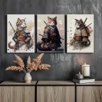 Japanese Cat Wall Art Poster Samurai Cat Canvas Wall Decor Japanese Anime Painting Asian Wall Art Funny Prints Black Cat Pictures Vintage Artwork for Living Room Bedroom 16x24x3 Inch Ready to Hang