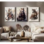 Japanese Cat Wall Art Poster Samurai Cat Canvas Wall Decor Japanese Anime Painting Asian Wall Art Funny Prints Black Cat Pictures Vintage Artwork for Living Room Bedroom 16x24x3 Inch Ready to Hang