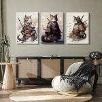 Japanese Cat Wall Art Poster Samurai Cat Canvas Wall Decor Japanese Anime Painting Asian Wall Art Funny Prints Black Cat Pictures Vintage Artwork for Living Room Bedroom 16x24x3 Inch Ready to Hang