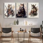 Japanese Cat Wall Art Poster Samurai Cat Canvas Wall Decor Japanese Anime Painting Asian Wall Art Funny Prints Black Cat Pictures Vintage Artwork for Living Room Bedroom 16x24x3 Inch Ready to Hang