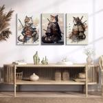 Japanese Cat Wall Art Poster Samurai Cat Canvas Wall Decor Japanese Anime Painting Asian Wall Art Funny Prints Black Cat Pictures Vintage Artwork for Living Room Bedroom 16x24x3 Inch Ready to Hang