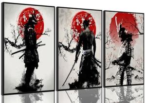 3Pcs Japanese Wall Art Japan Warrior Figure Wall Decor Armored Samurai Posters Prints Asian Cherry Ninja Painting Pictures for Living Room Bedroom Canvas Unframed