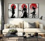 3Pcs Japanese Wall Art Japan Warrior Figure Wall Decor Armored Samurai Posters Prints Asian Cherry Ninja Painting Pictures for Living Room Bedroom Canvas Unframed