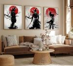 3Pcs Japanese Wall Art Japan Warrior Figure Wall Decor Armored Samurai Posters Prints Asian Cherry Ninja Painting Pictures for Living Room Bedroom Canvas Unframed