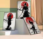 3Pcs Japanese Wall Art Japan Warrior Figure Wall Decor Armored Samurai Posters Prints Asian Cherry Ninja Painting Pictures for Living Room Bedroom Canvas Unframed