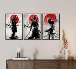 3Pcs Japanese Wall Art Japan Warrior Figure Wall Decor Armored Samurai Posters Prints Asian Cherry Ninja Painting Pictures for Living Room Bedroom Canvas Unframed