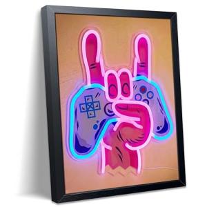 Neon Gaming Wall Art Framed Canvas Print, Rock Hand Gesture with Game Controller Poster, Pink Purple Gamer Room Wall Decor, Anime Gamer Posters Picture for Boys Bedroom Game Room Oil Painting 12x16 Inch