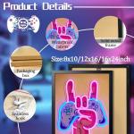 Neon Gaming Wall Art Framed Canvas Print, Rock Hand Gesture with Game Controller Poster, Pink Purple Gamer Room Wall Decor, Anime Gamer Posters Picture for Boys Bedroom Game Room Oil Painting 12x16 Inch