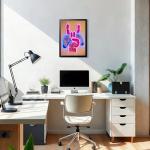 Neon Gaming Wall Art Framed Canvas Print, Rock Hand Gesture with Game Controller Poster, Pink Purple Gamer Room Wall Decor, Anime Gamer Posters Picture for Boys Bedroom Game Room Oil Painting 12x16 Inch