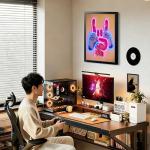 Neon Gaming Wall Art Framed Canvas Print, Rock Hand Gesture with Game Controller Poster, Pink Purple Gamer Room Wall Decor, Anime Gamer Posters Picture for Boys Bedroom Game Room Oil Painting 12x16 Inch