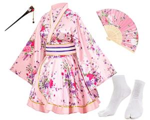 Japanese Anime Women's Dance Kimono Robe Fancy Dress Yukata Silk Folding Fans Tabi Hairstick Socks Set Pink Small