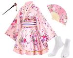 Japanese Anime Women's Dance Kimono Robe Fancy Dress Yukata Silk Folding Fans Tabi Hairstick Socks Set Pink Small