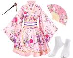 Japanese Anime Women's Dance Kimono Robe Fancy Dress Yukata Silk Folding Fans Tabi Hairstick Socks Set Pink Small
